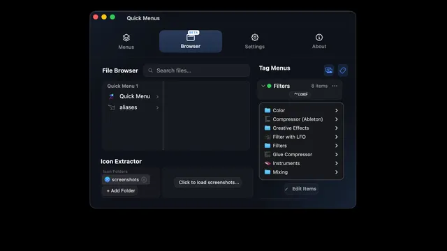 Screenshot of a Quick Menus popup menu listing files, scripts, and templates